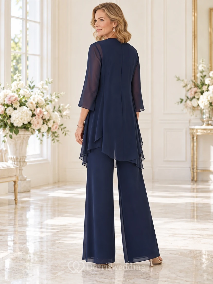 Dark Navy Sheer Waterfall Jacket Wide Leg Mother Wedding Pantsuit view 2