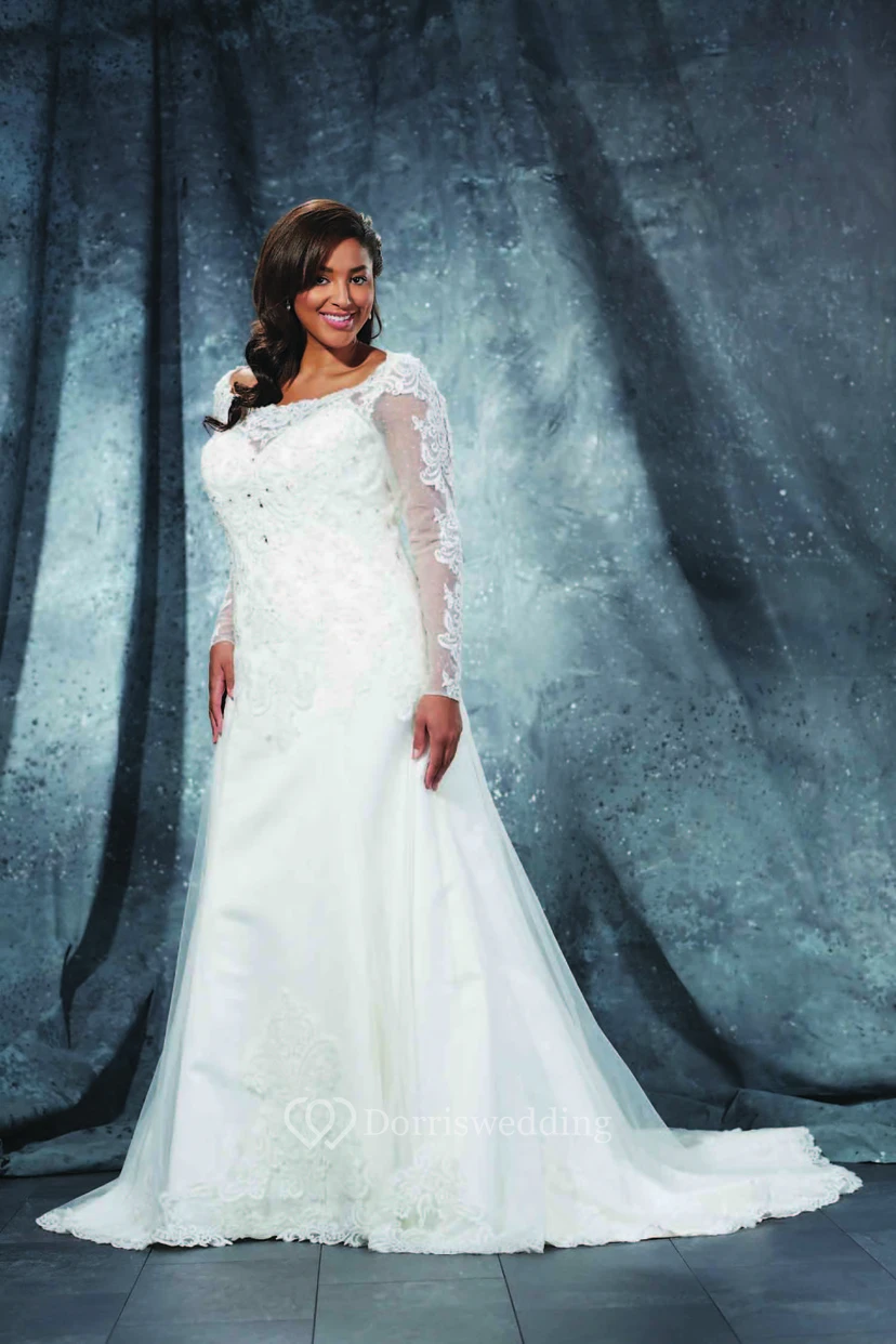 A-Line Floor-Length Bateau Neck Long Sleeve Lace Sweep Train Illusion Appliques Dress