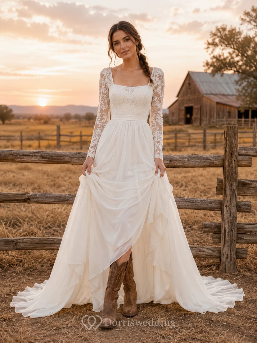 Long Sleeve Square Neck Wedding Dress with Chiffon A-Line Skirt and Lace Detail Romantic Modest
