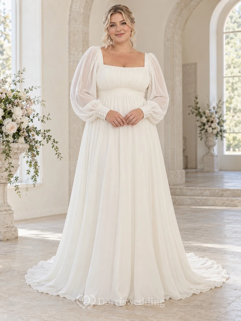 Vestido de novia de gasa de manga larga con escote cuadrado discreto y estilo imperio, con fruncido suave.