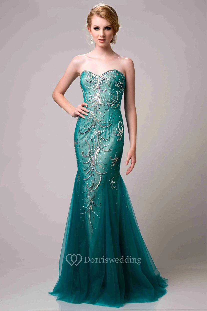 Sequin-Covered Strapless Mermaid Tulle Prom Dress With Sweetheart Neckline