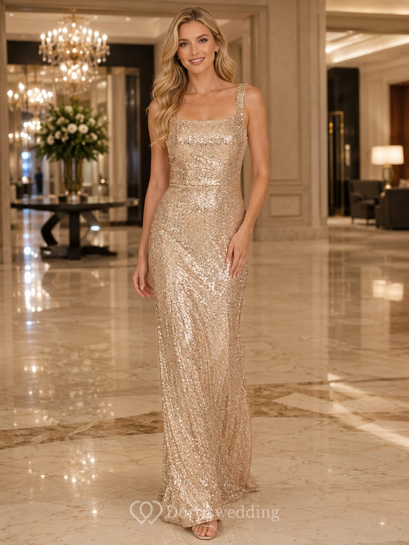 Vestido de tubo hasta el suelo con escote cuadrado, sin mangas y lentejuelas, estilo Argentina Egresada, color champán.