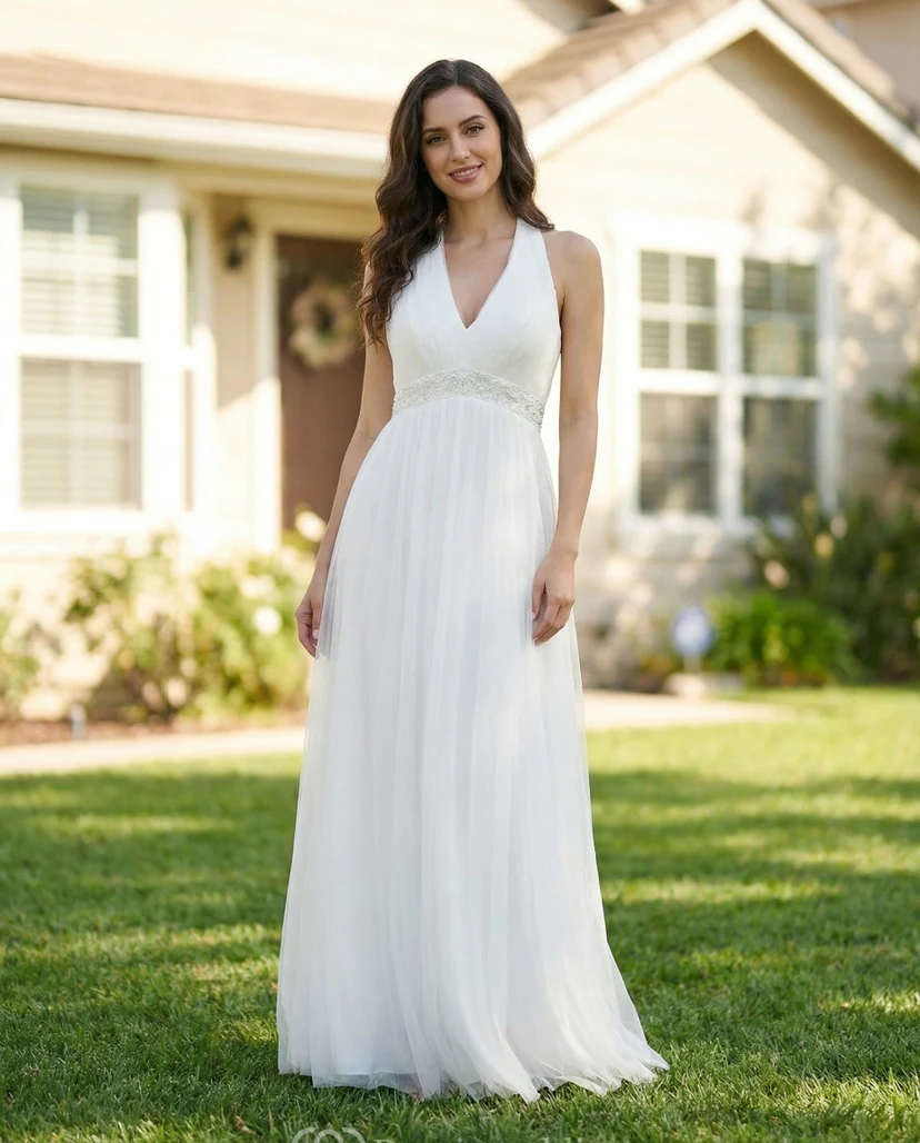 Halter Beaded Chiffon Maternity Wedding Dress