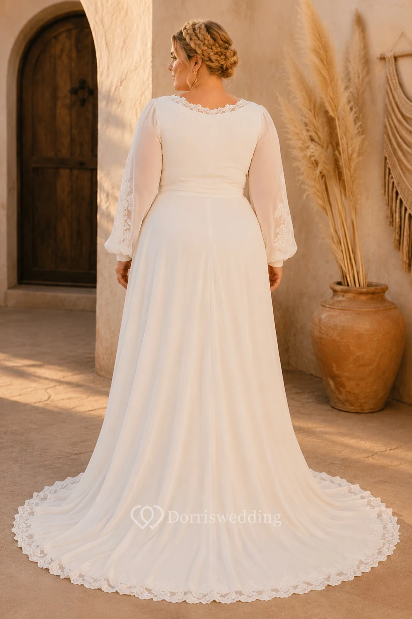 Plus Size Long Sleeve V-Neck Chiffon A-Line Wedding Dress with Sweep Train view 2