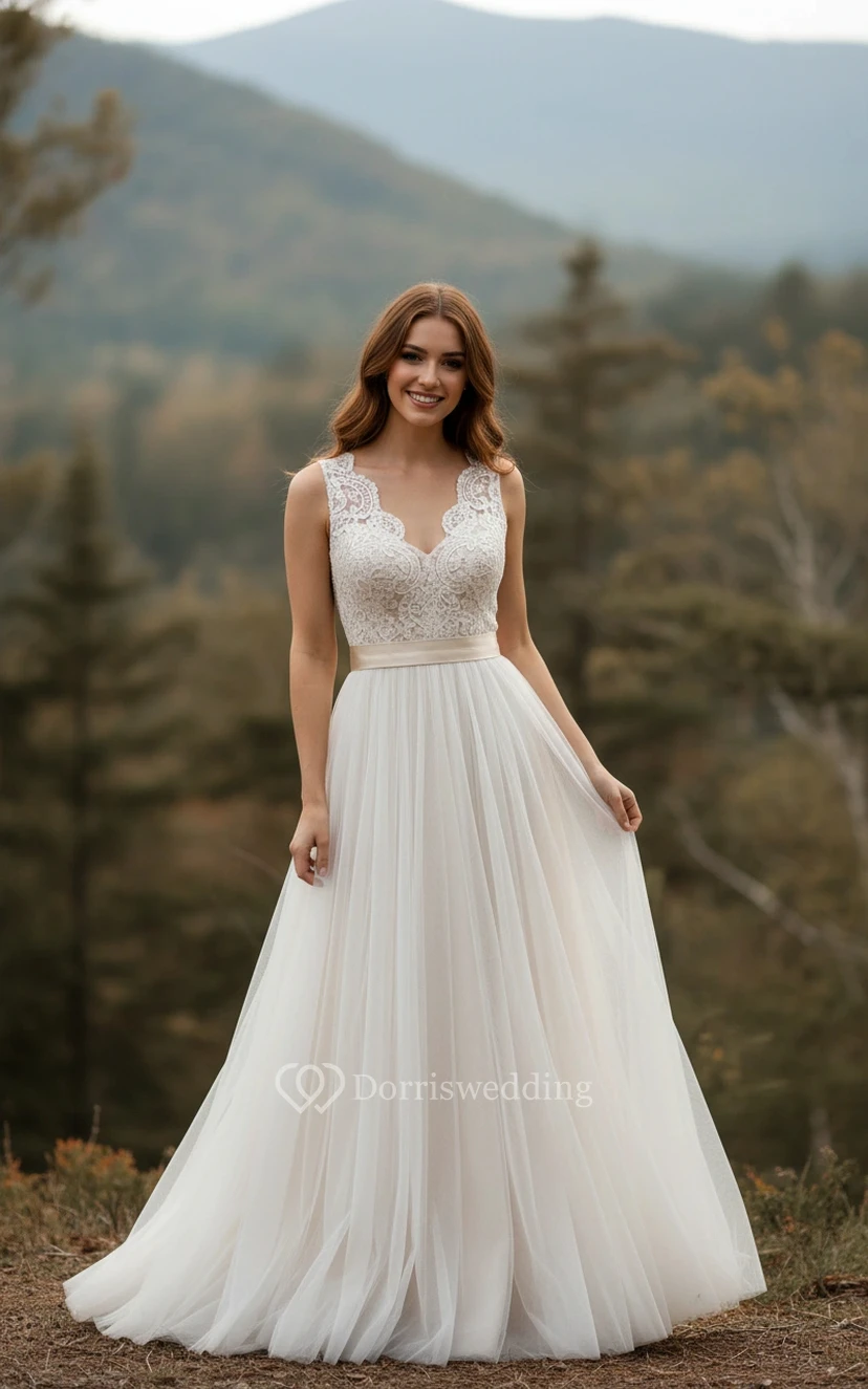 Rustic V-Neck Lace Wedding Dress - Sleeveless A-Line Tulle Bridal Gown with Satin Sash