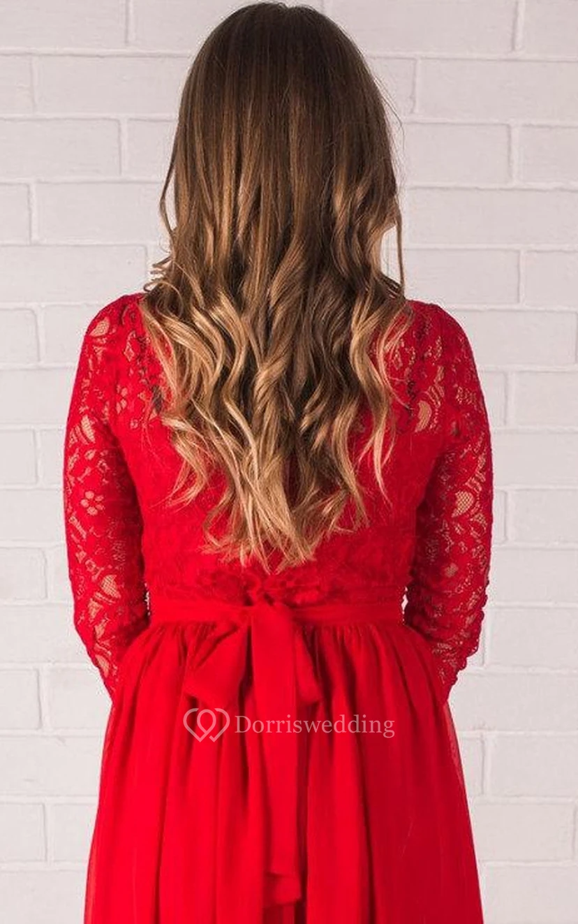 Langes, handgefertigtes rotes Brautjungfernkleid aus Spitze und Chiffon, langes, rotes Ballkleid view 2