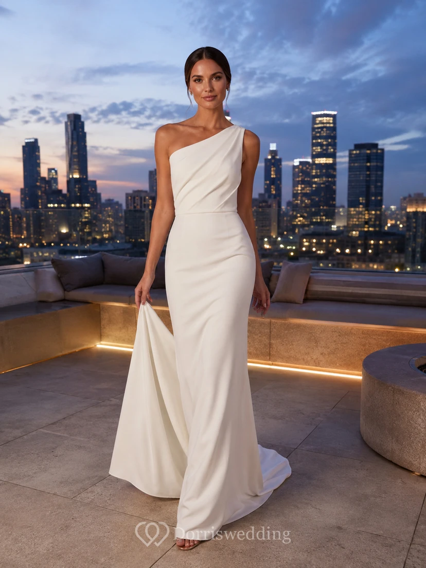 Robe de soirée moderne asymétrique en crêpe à une épaule, idéale pour une fugue amoureuse sur un toit-terrasse