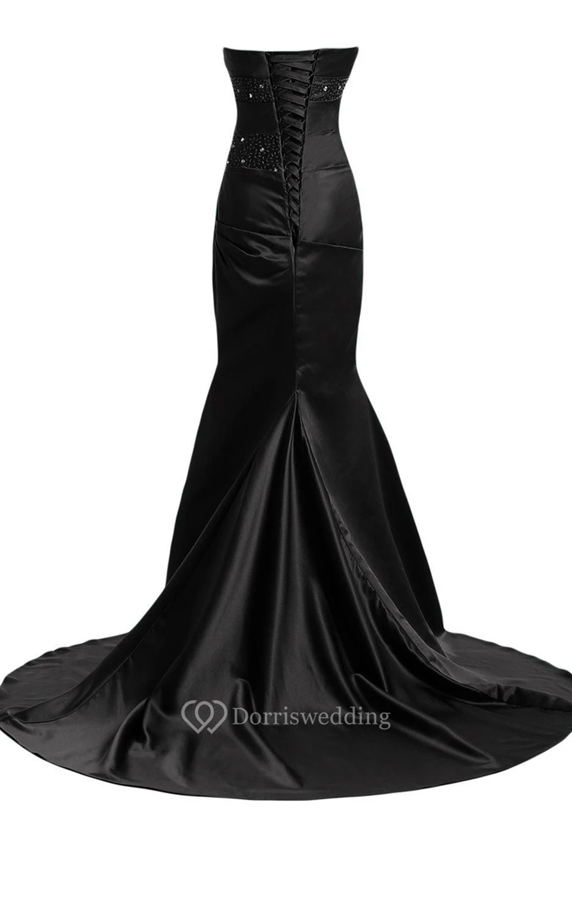 Strapless Satin Mermaid Gown With Beadings and Ruching view 2