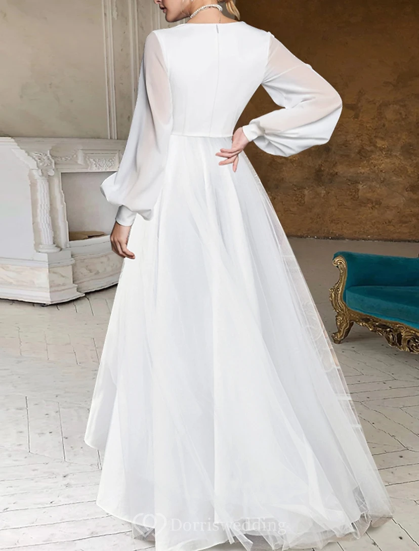 High-Low Tulle Wedding Dress with Bishop Sleeves view 2