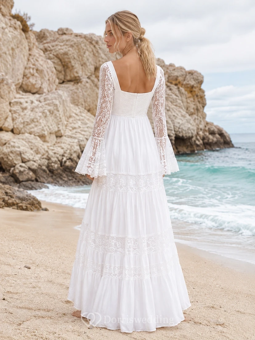 Boho Modest Square Neck Long Sleeve Tiered Chiffon Beach Dress view 2