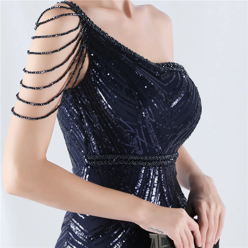 Positioning Flower Beaded Craft Beaded One-Shoulder Oblique Collar High Slit Evening Dress view 49