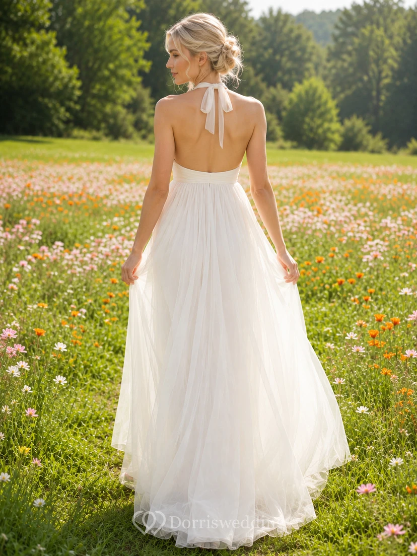 Neckholder-Kleid mit Empire-Taille, Tüll, Wildblumenmuster, perfektes Brautkleid für eine romantische Hochzeit im Wildblumenfeld view 2