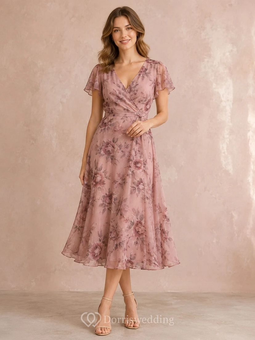 Altrosa geblümtes Chiffon-Gästekleid mit V-Ausschnitt, kurzen Ärmeln und A-Linien-Schnitt, wadenlang