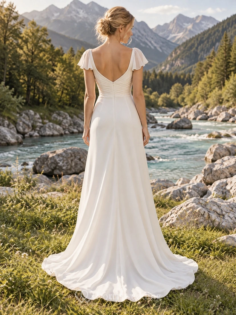 Vestido de novia sencillo de crepé con escote corazón, espalda de satén, manga corta, fruncido y cola larga. view 2