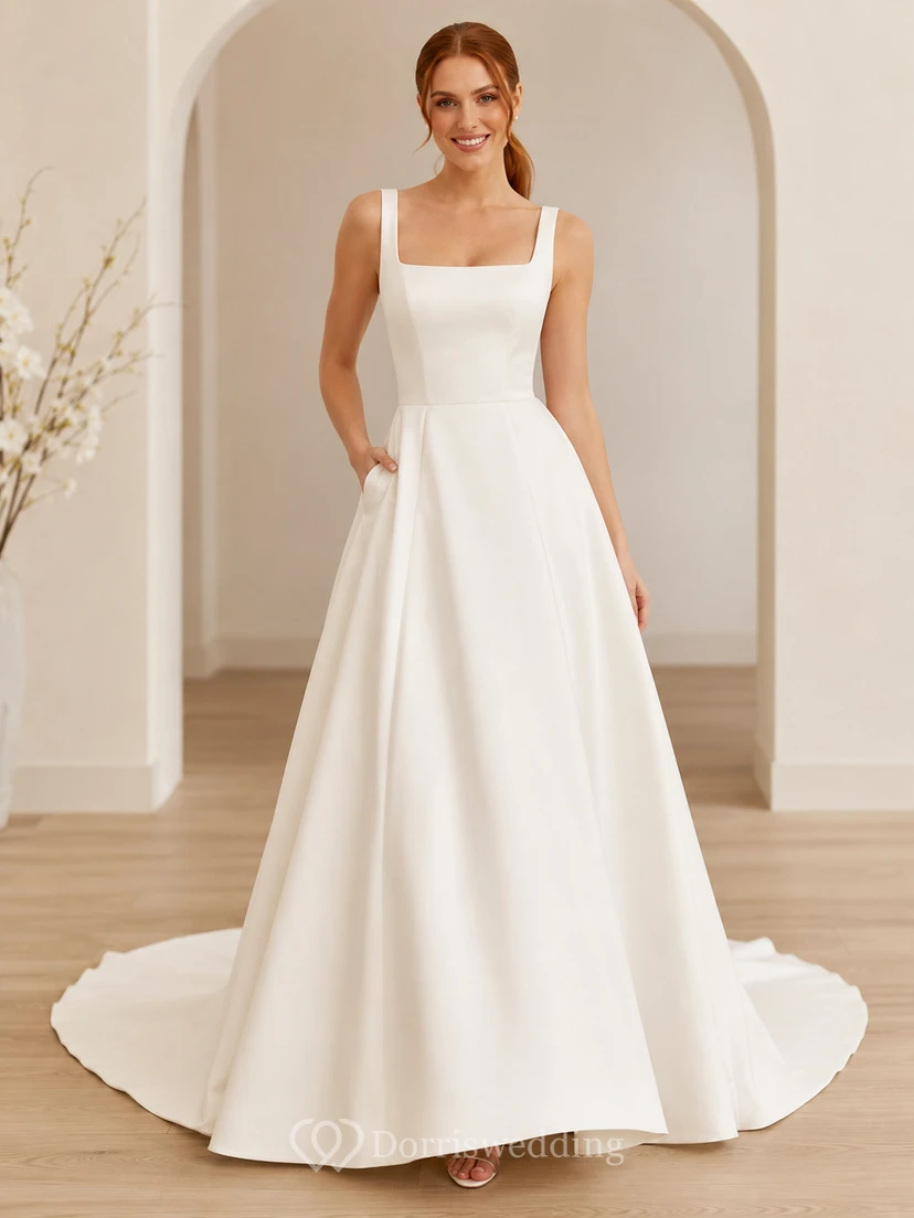 Brautkleid aus Satin mit Meerjungfrauen-Trägern, Schleppe und Schlitz