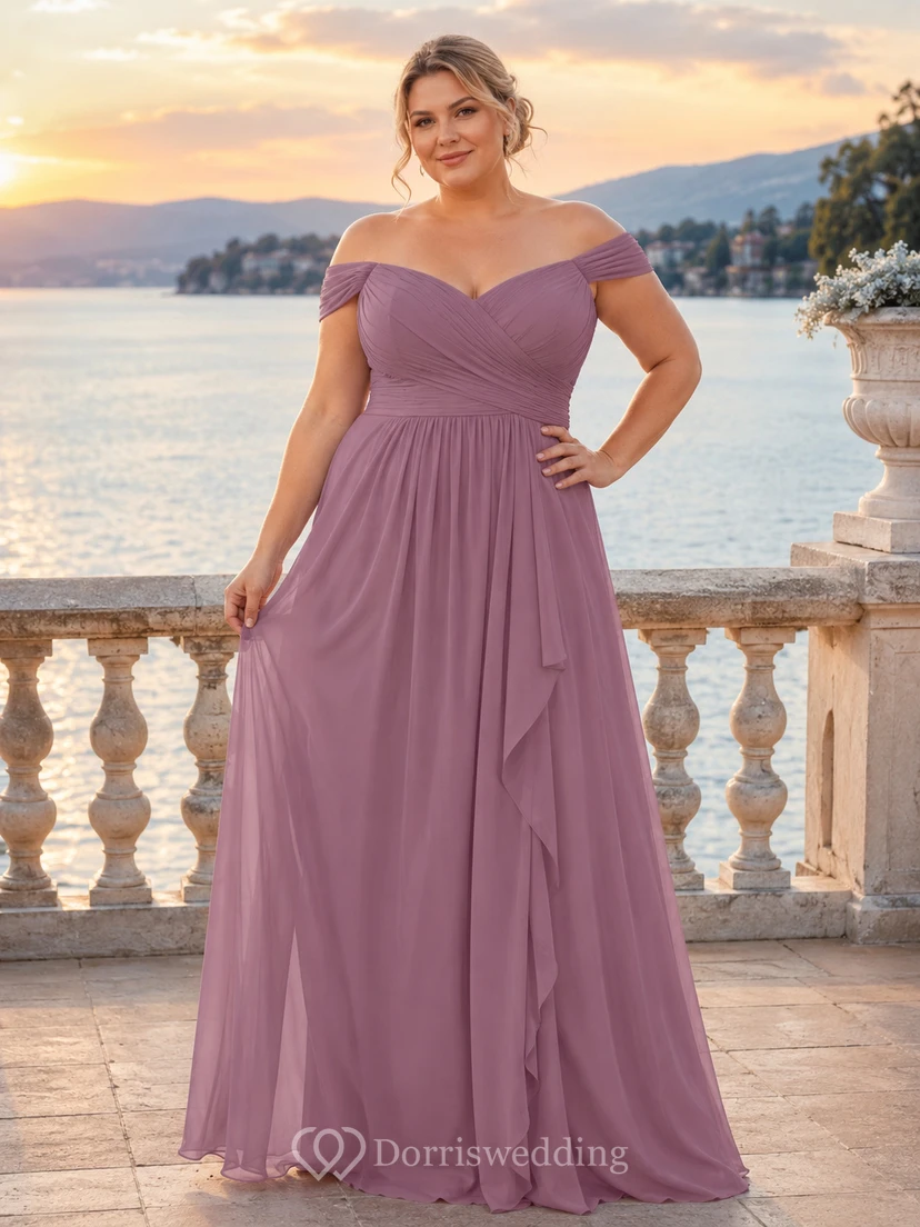 Robe de demoiselle d'honneur longue en mousseline mauve grande taille, épaules dénudées