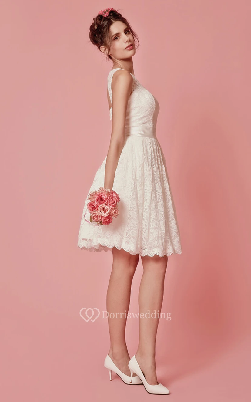 Enchanting Sleeveless Knee Length Lace Dress With Pleats view 6