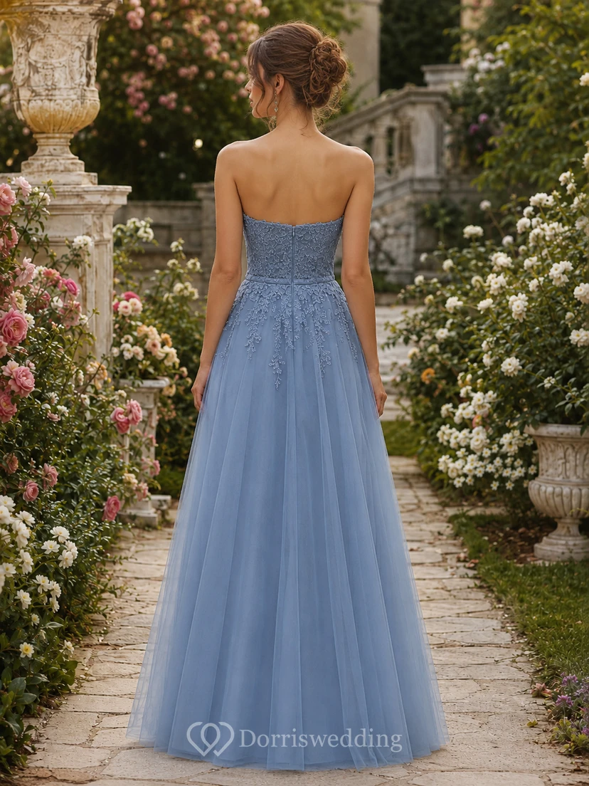Schieferblaues, trägerloses A-Linien-Abendkleid aus Spitze und Tüll view 2