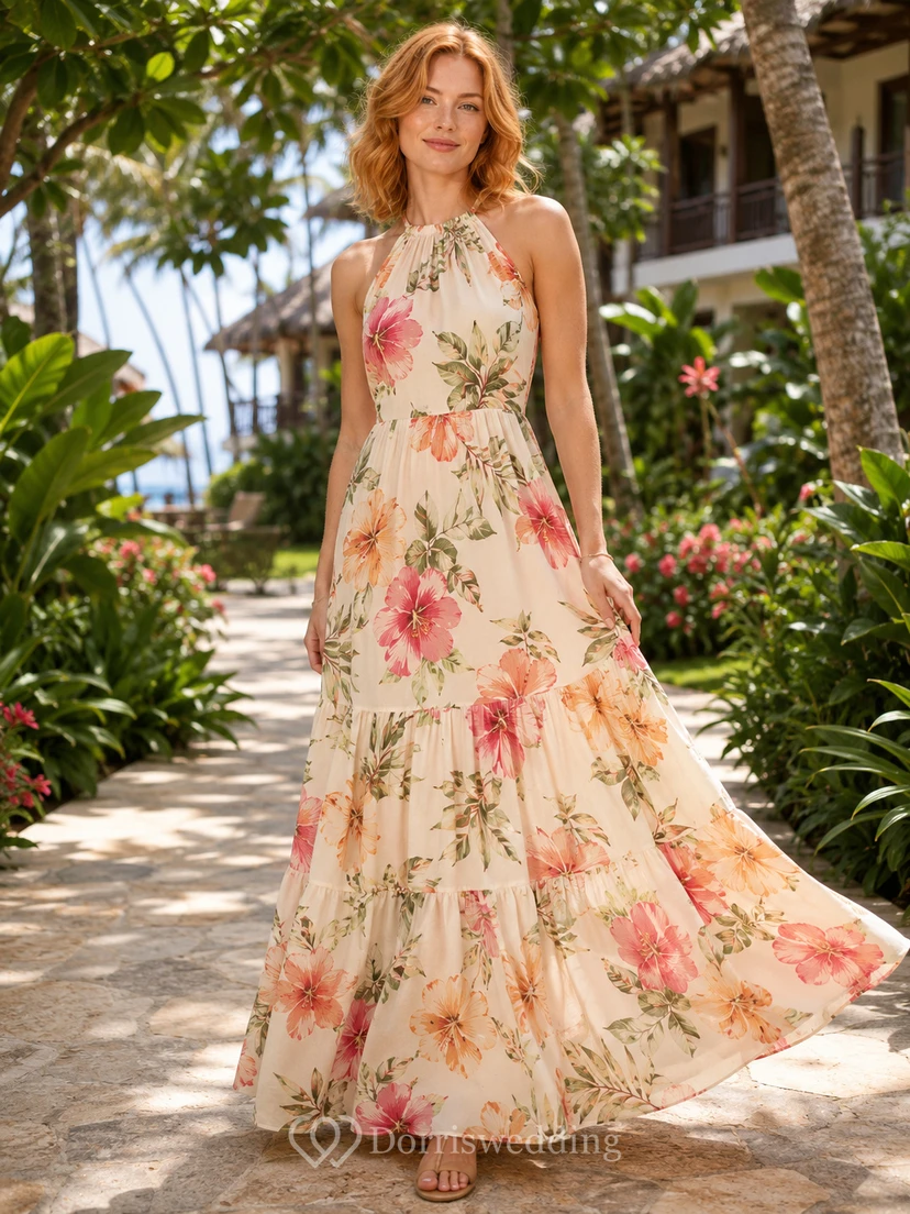Halter Hibiscus Floral Tiered Beach Resort Maxi Dress