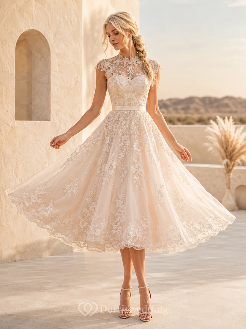 Vintage Tea-Length Bateau Cap Sleeve Lace Tulle Romantic Wedding Dress