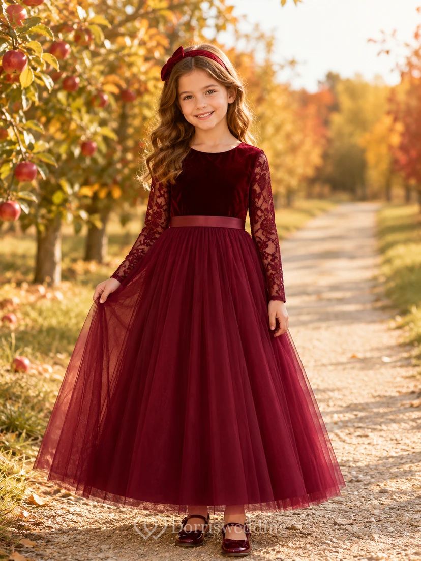 Burgundy Velvet Lace Long Sleeve Tulle Ankle-Length Formal Flower Girl Dress