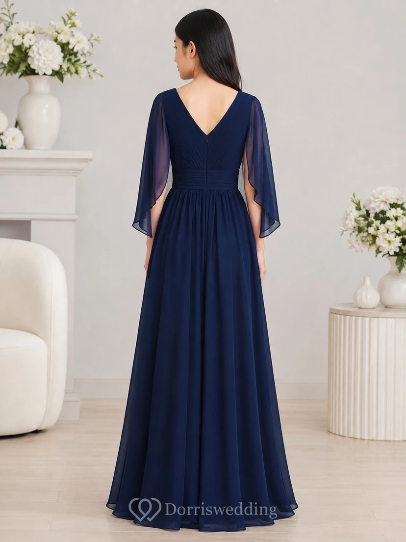 Dunkelblaues Brautjungfernkleid für junge Damen, A-Linie, V-Ausschnitt, 3/4-Ärmel, geraffte Blütenblätter, romantisch view 2