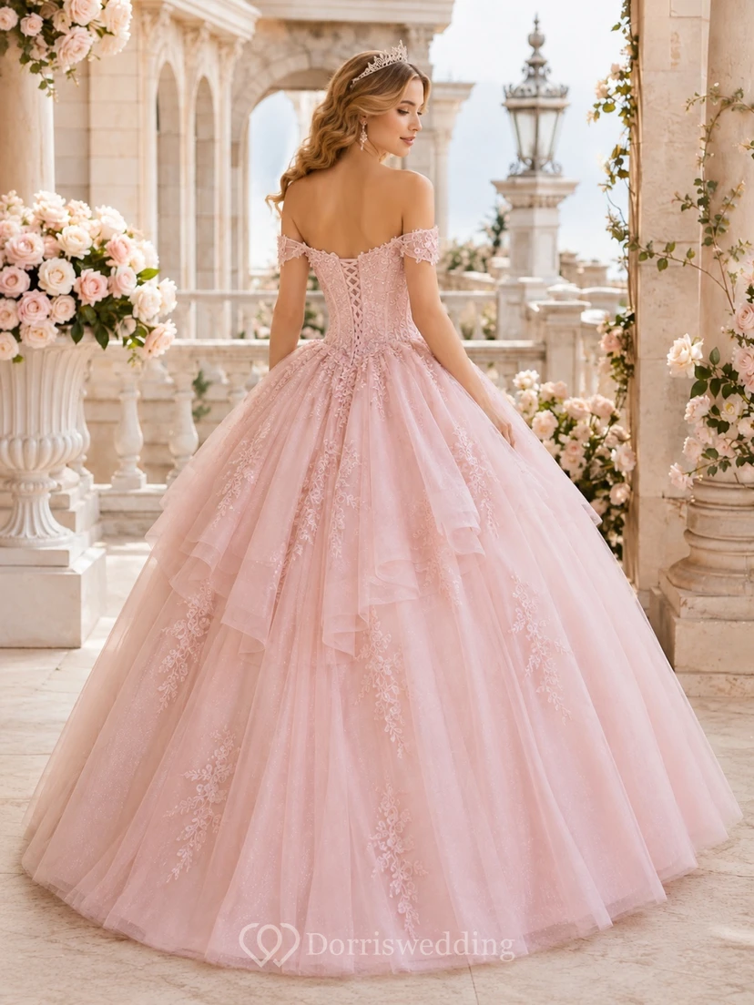 Pink Tulle Applique Off Shoulder Ball Gown Sweetheart Floor Length Quinceanera Dress view 2