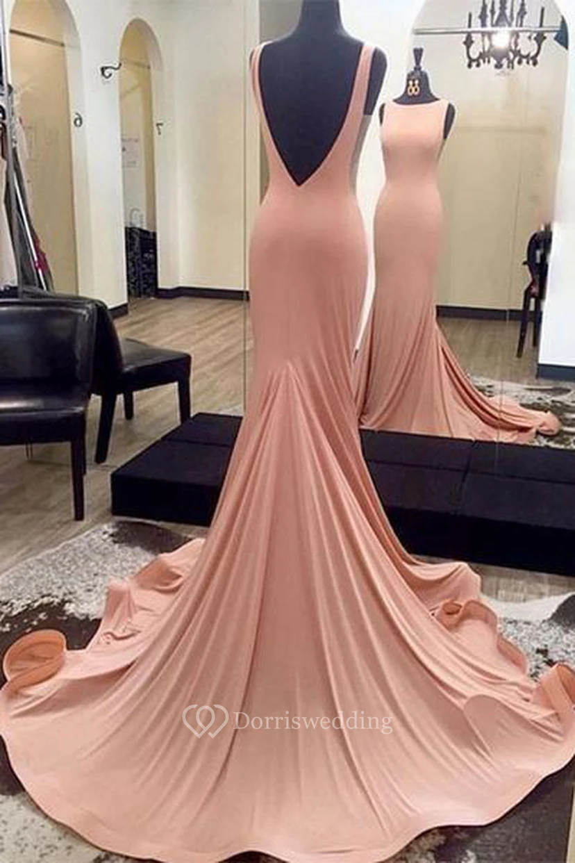 Mermaid Trumpet Jersey Spaghetti Sleeveless Deep-V Back Dress