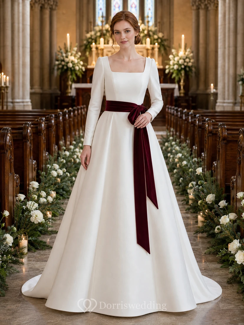 Winter Church Square Neck Velvet Sash A-Line Wedding Dress