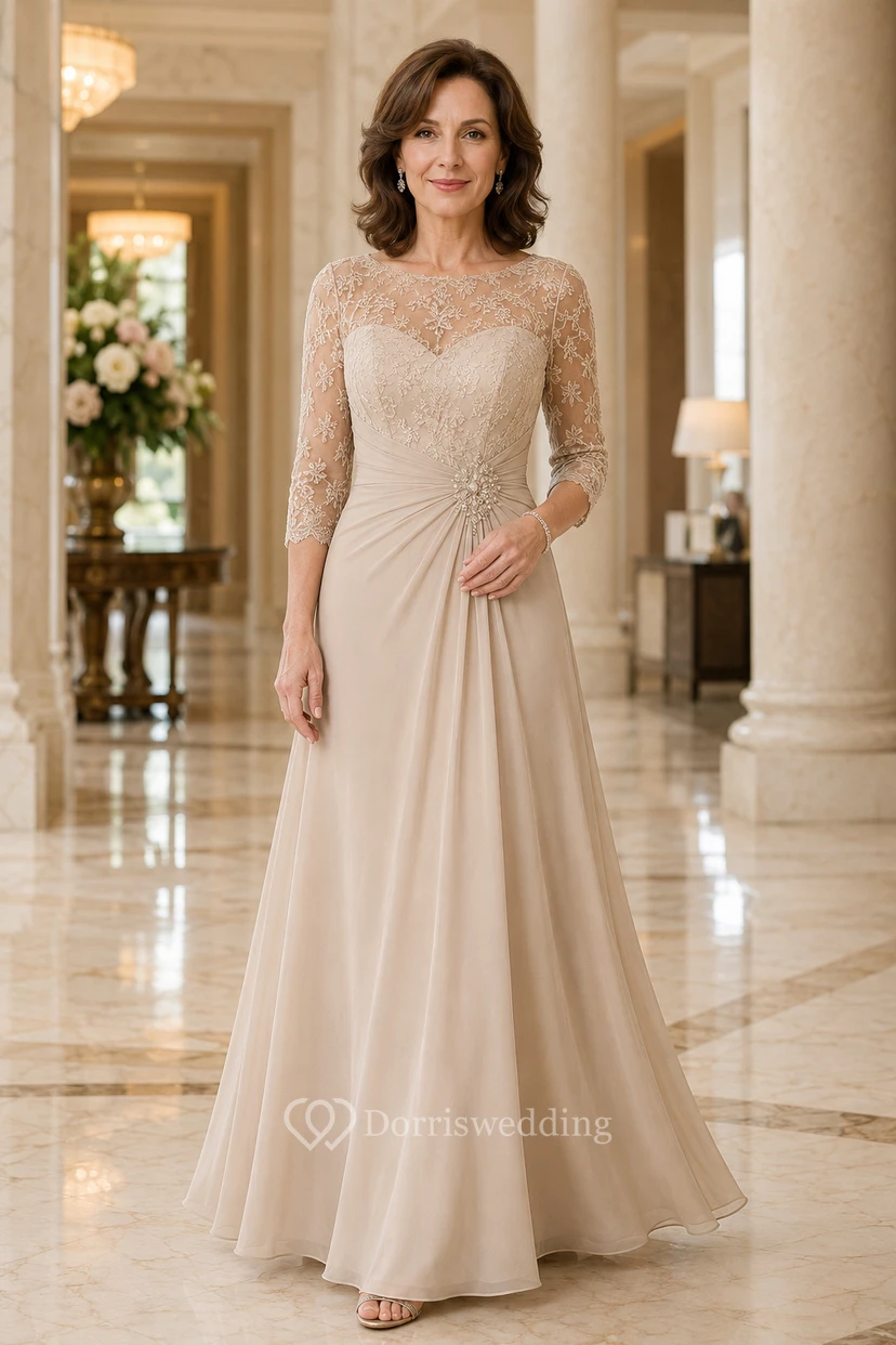 MOB Dress Champagne Chiffon Lace A-Line 3/4 Sleeve Bateau Neck Floor Length Draped