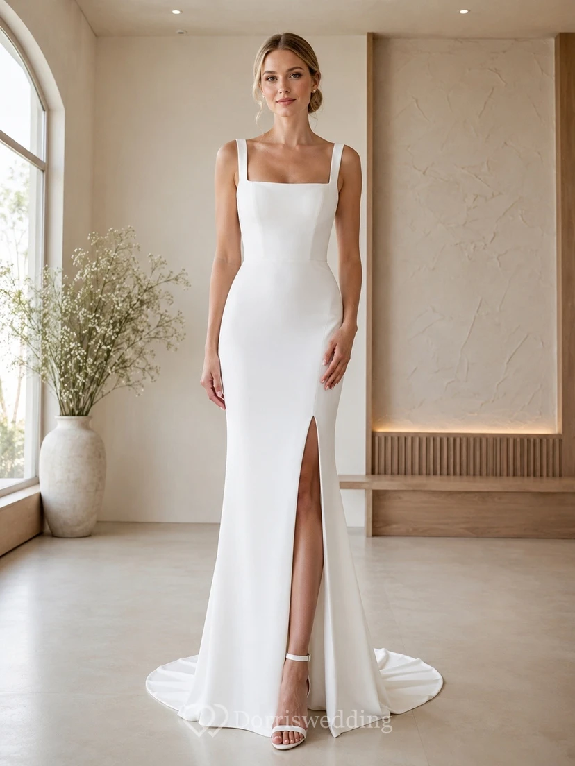 Vestido de novia de sirena con tirantes finos, escote cuadrado, abertura frontal y cola larga.