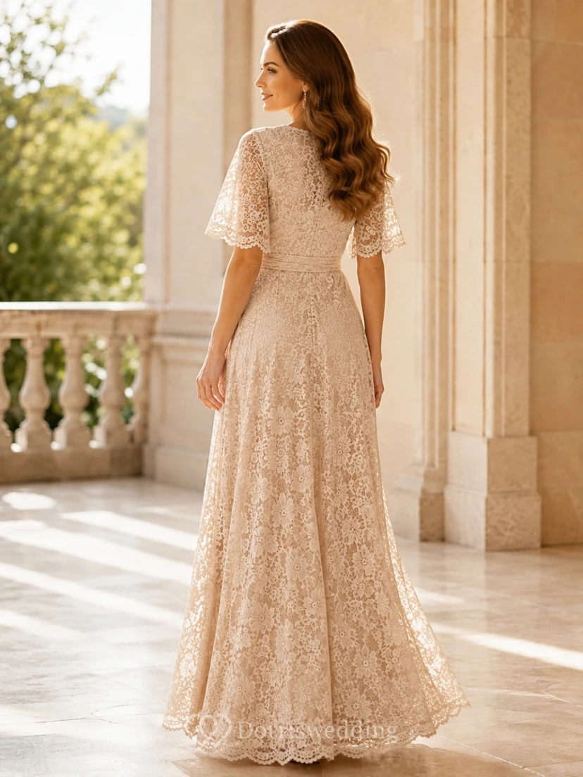 Champagnerfarbenes, bodenlanges Abendkleid mit V-Ausschnitt, flatternden Ärmeln und Spitze in A-Linie view 2
