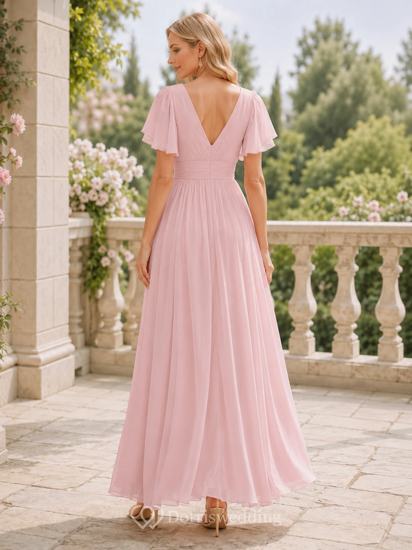 Robe d'invitée romantique en mousseline rose poudré, longueur cheville, col en V, manches papillon, pour l'extérieur view 2