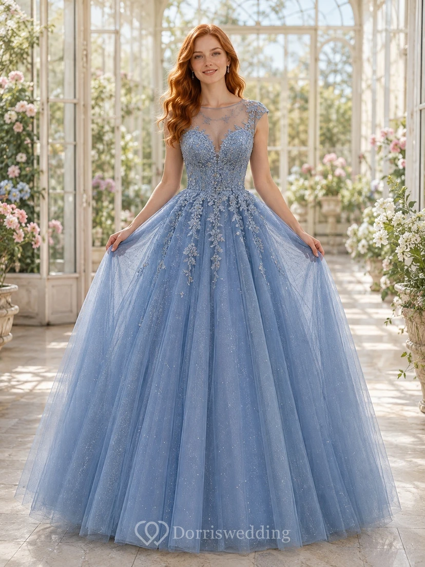 Sky Blue Tulle Lace V-Neck Cap Sleeve Ball Gown Floral Beaded Prom Dress