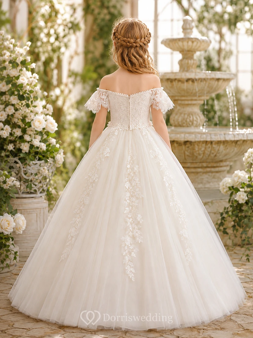 Robe de bal en tulle à épaules dénudées, robe de demoiselle d'honneur en dentelle avec manches courtes et jupe longue. view 2