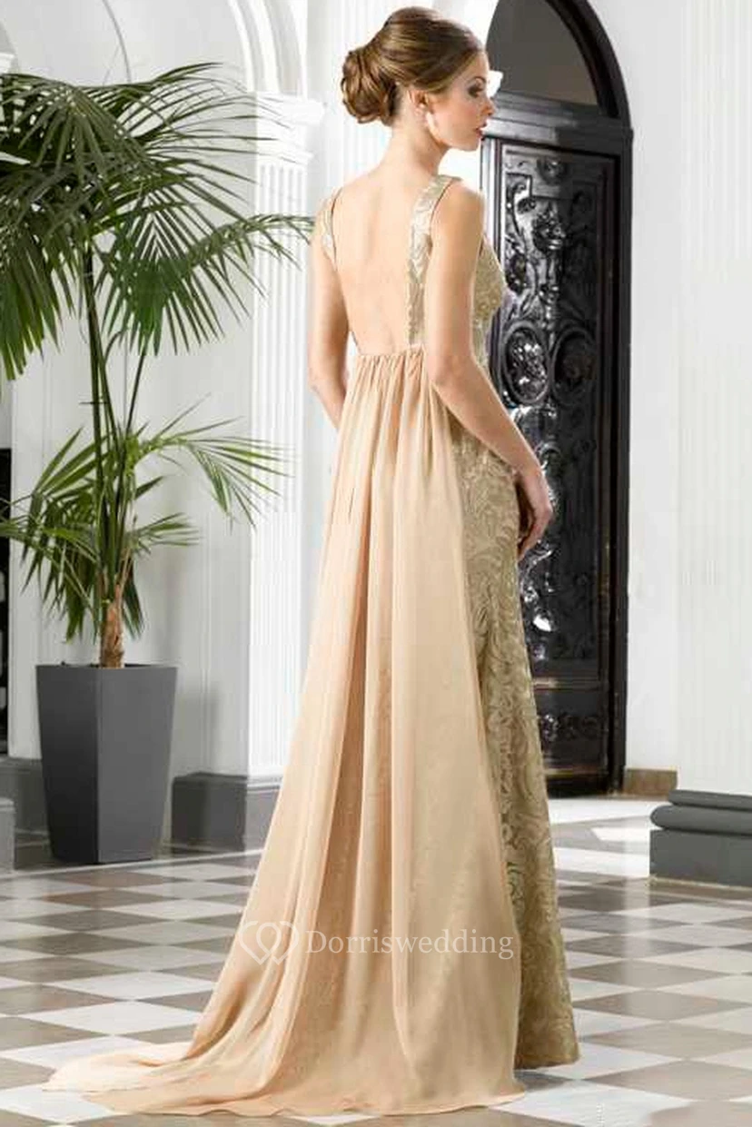 A-Line Floor-Length V-Neck Sleeveless Lace Waist Jewellery Detachable Train Low-V Back Dress view 2