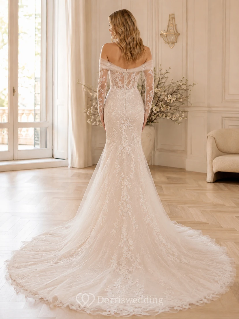 Robe de mariée sirène en dentelle majestueuse, épaules dénudées, manches longues, traîne chapelle, applications florales, galerie Bridal view 2