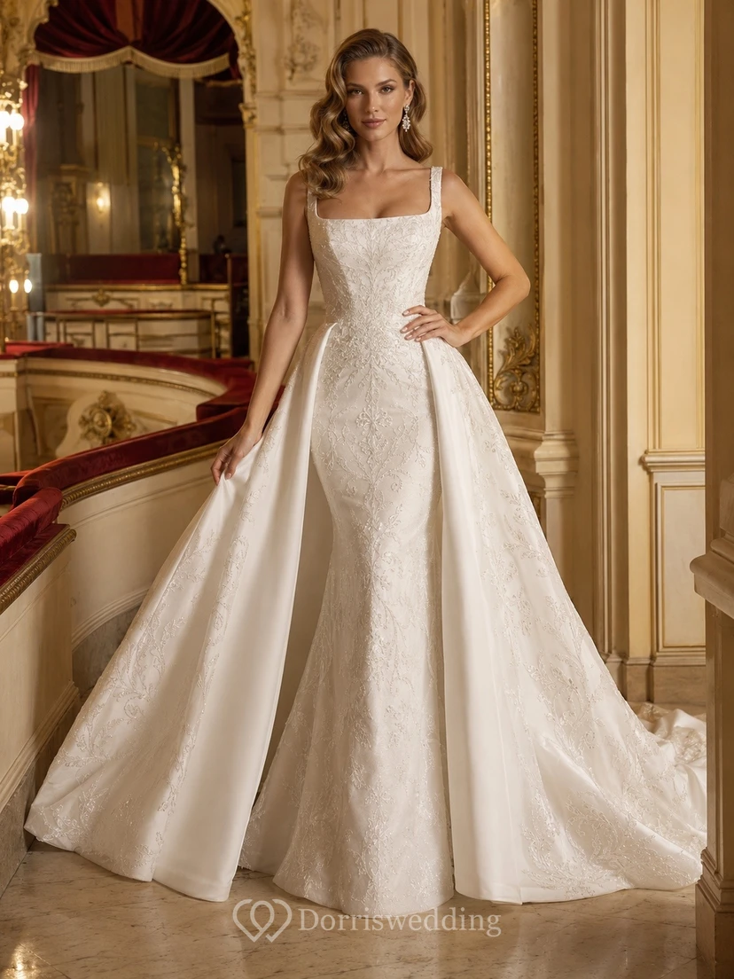 Vestido de novia formal de corte A sin mangas con escote cuadrado y cuello cuadrado de lujo.
