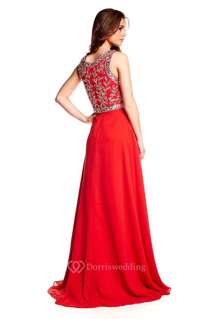 A-Line Scoop Sleeveless Beaded Floor-Length Chiffon Prom Dress With Zipper Back view 2