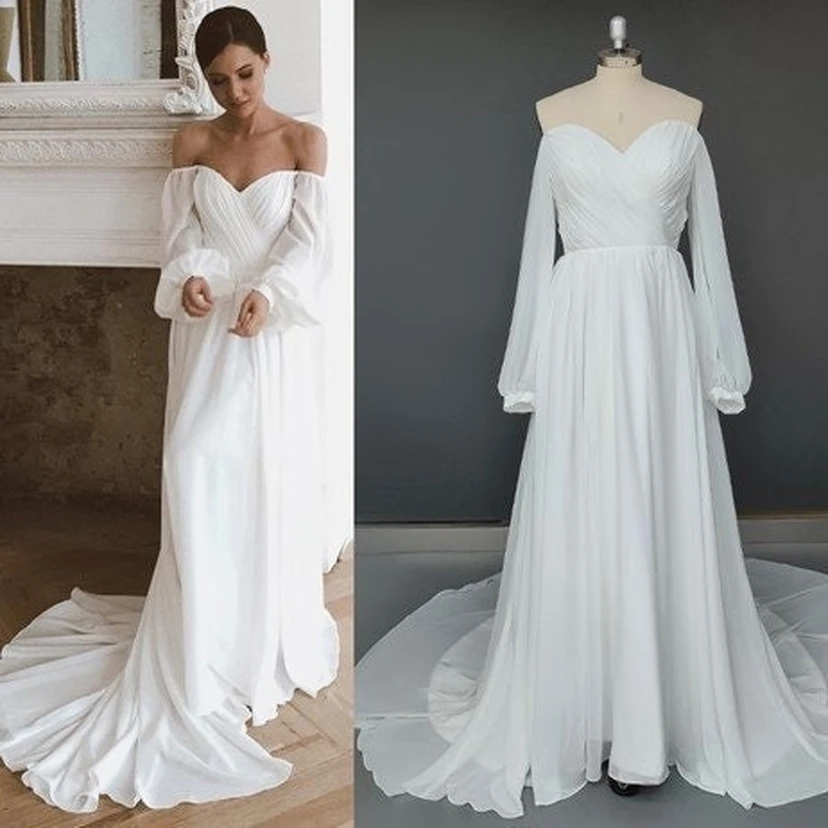Robe de mariée fluide à manches bouffantes croisées en forme de cœur et traîne courte view 3