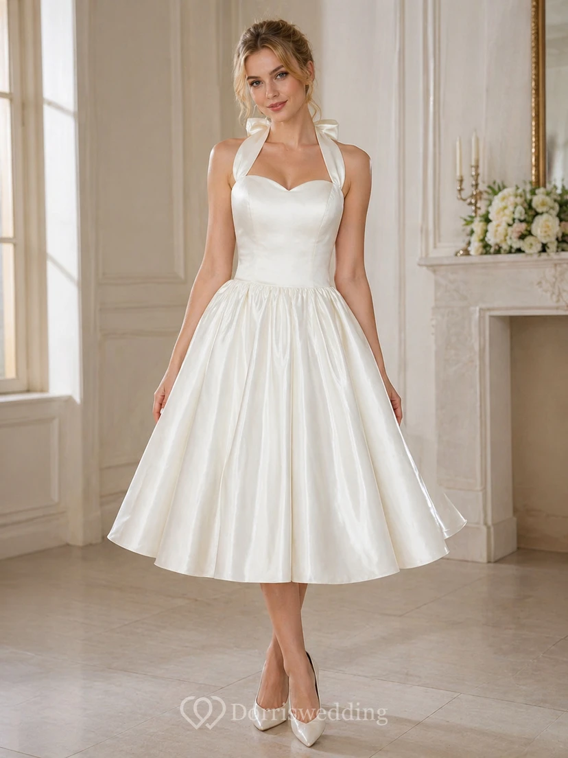 Vestido de novia de satén de largo midi con escote halter, lazo y espalda con cordones.