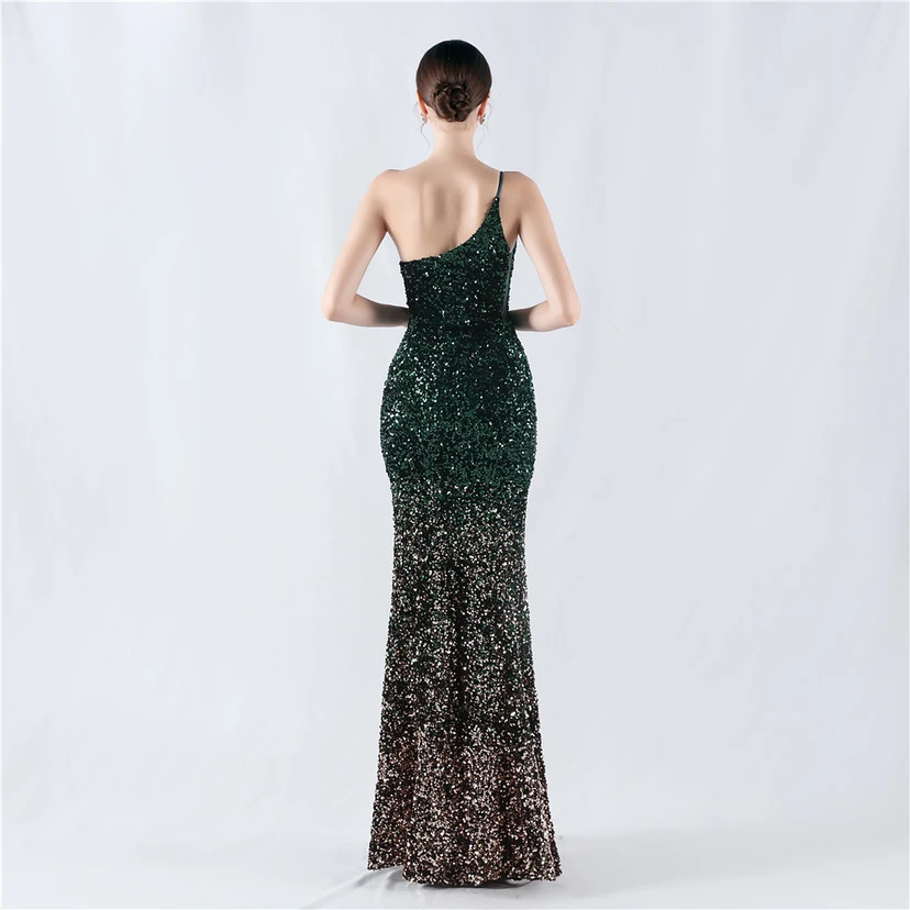 Sexy Abendkleid mit Samtsaum, Farbverlauf, Pailletten, hohem Schlitz und schräger Schulterpartie view 56