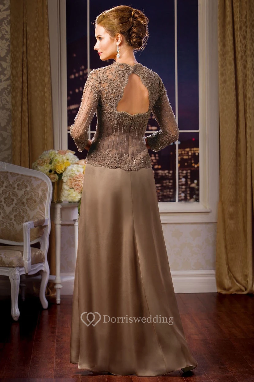 3-4 Sleeved Long Mother Of The Bride Dress With Keyhole Back And Beadings view 2