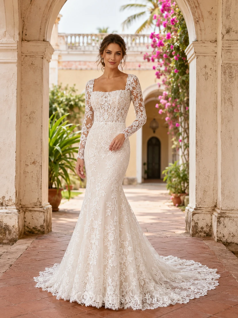 Robe de mariée sirène romantique à col carré, manches longues et dentelle intégrale, dos nu et traîne chapelle