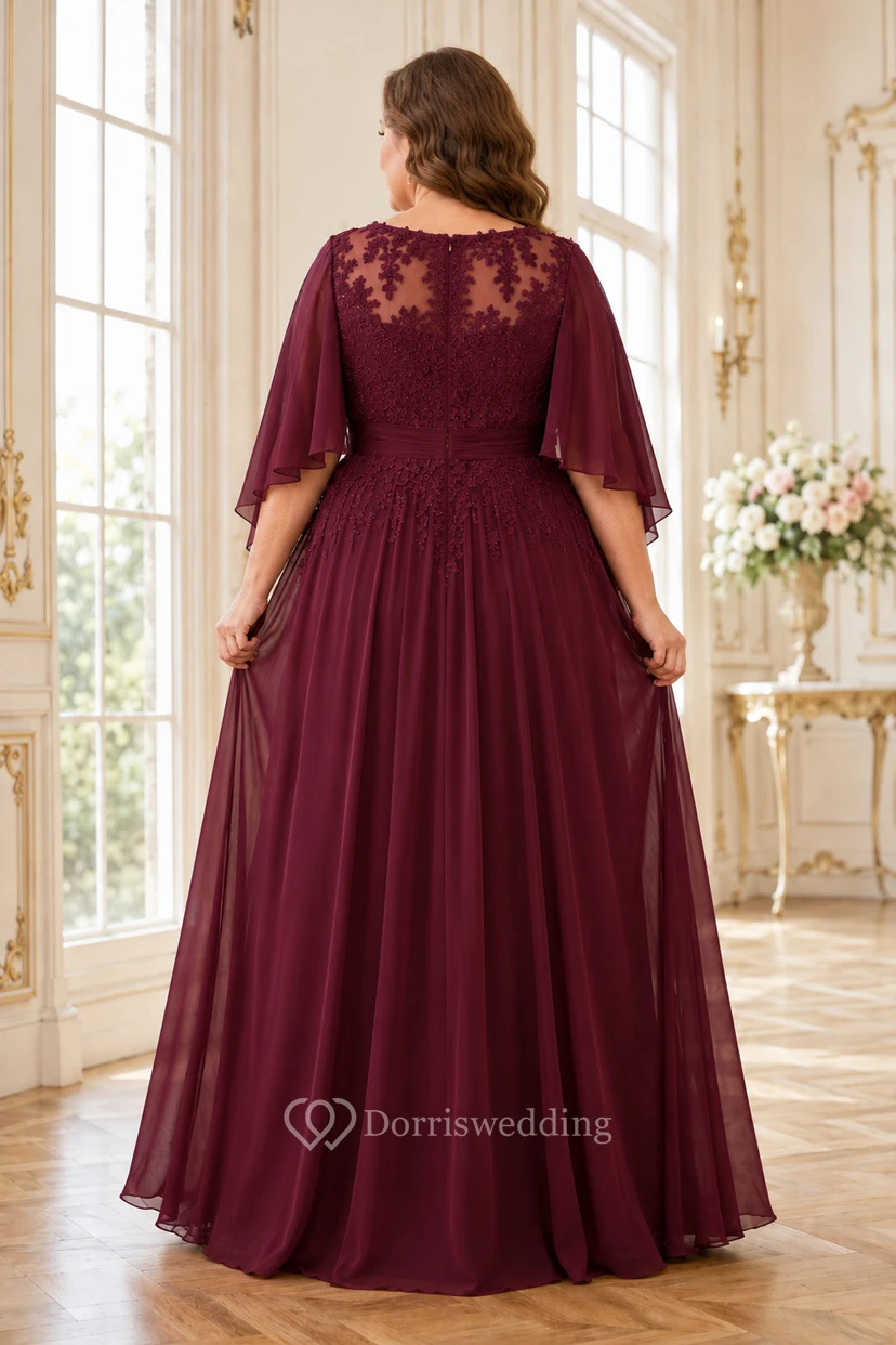 MOB-Kleid aus burgunderfarbenem Chiffon mit Spitze, A-Linie, kurzen Ärmeln, U-Boot-Ausschnitt, bodenlang, Cape-Ärmeln view 2