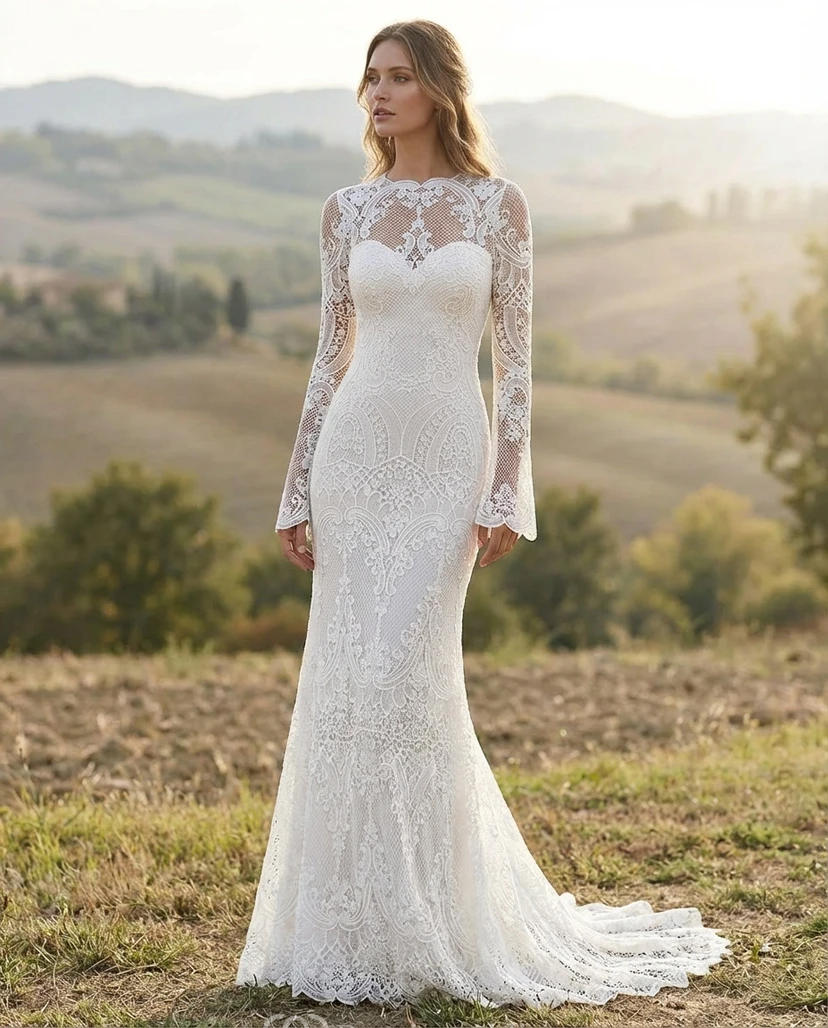 Robe de mariée bohème en dentelle, coupe sirène, manches longues et dos nu