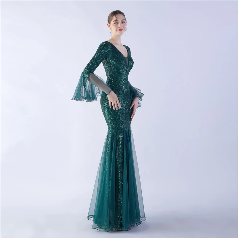 Vestido de noche con lentejuelas, bordado de malla encriptada, estilo artesanal de seda de pez y borde ondulado. view 59