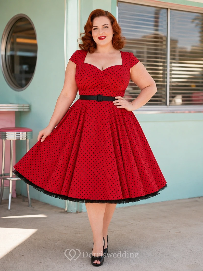 Ruby Square Kurzarm-Baumwollkleid im A-Linien-Stil, knielang, mit Polka-Dots im Retro-Look