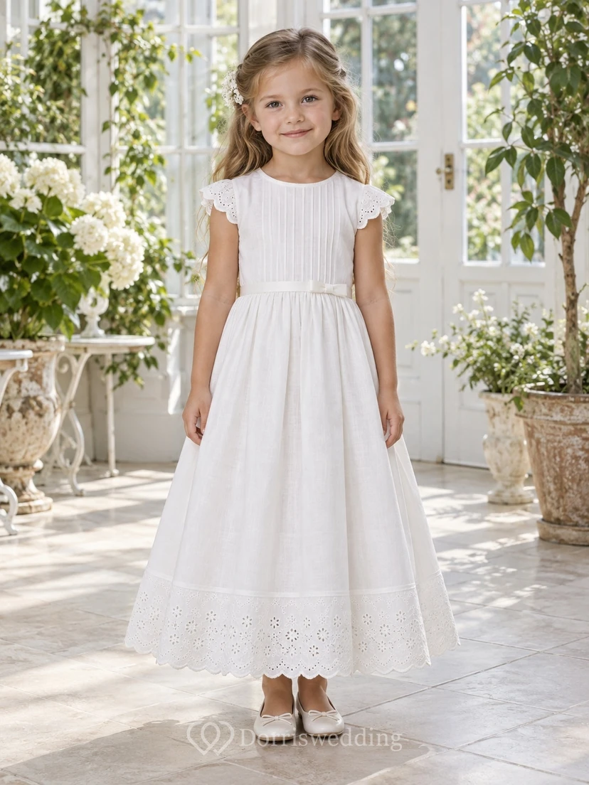 Vintage Country White Cap Sleeve Pintucked Lace Trim Linen Flower Girl Dress