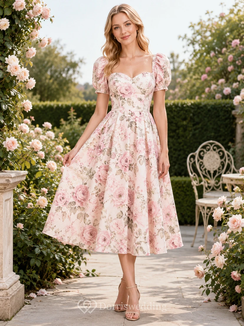 Pink floral sweetheart puff sleeve botanical tea dress